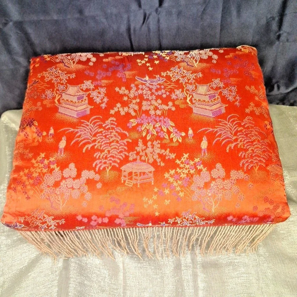 VTG Japanese Baroque‎ Red Long Fringe Upholstered Wood Footstool 14.5x10.5x8.5